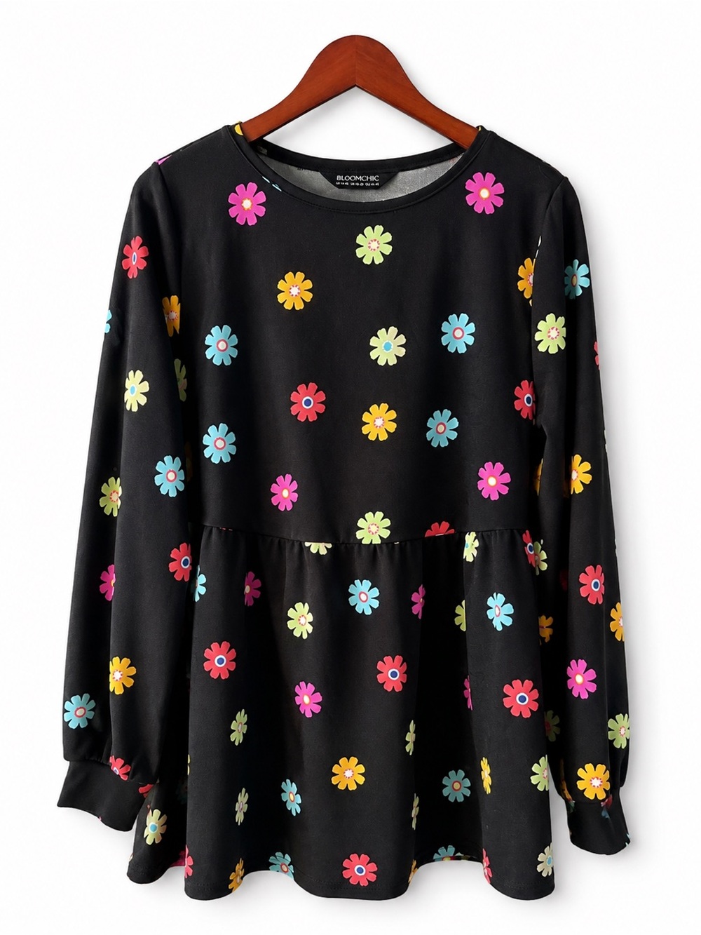 BloomChic Daisy Print Babydoll Top Black Floral Long Sleeve Plus Size